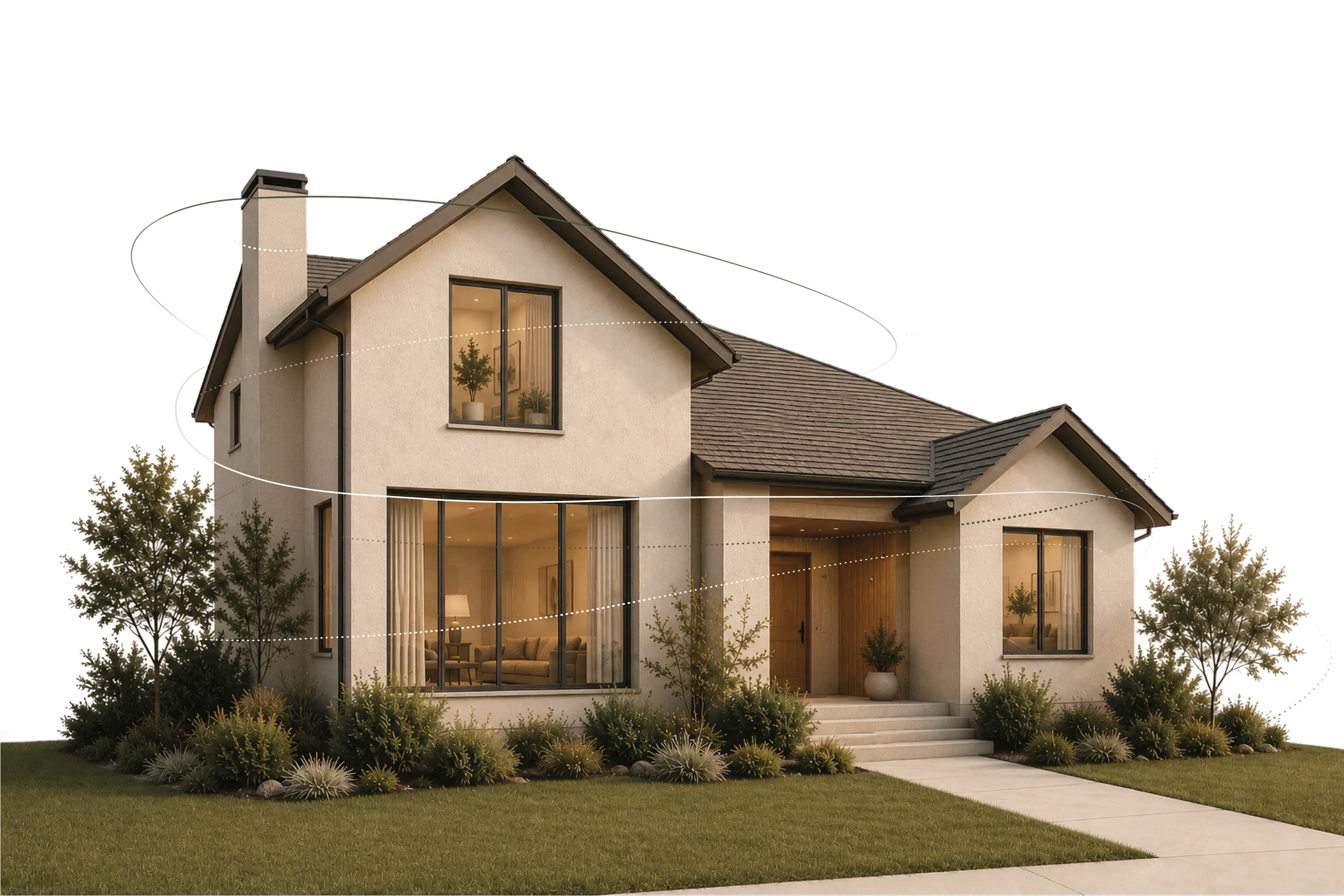 Modern home at dusk with warm interior lighting