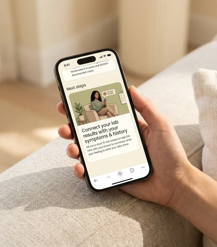 MoldCo app next steps screen: connect your lab results with your symptoms and history