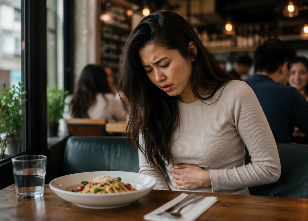 A person experiencing abdominal pain at a restaurant table