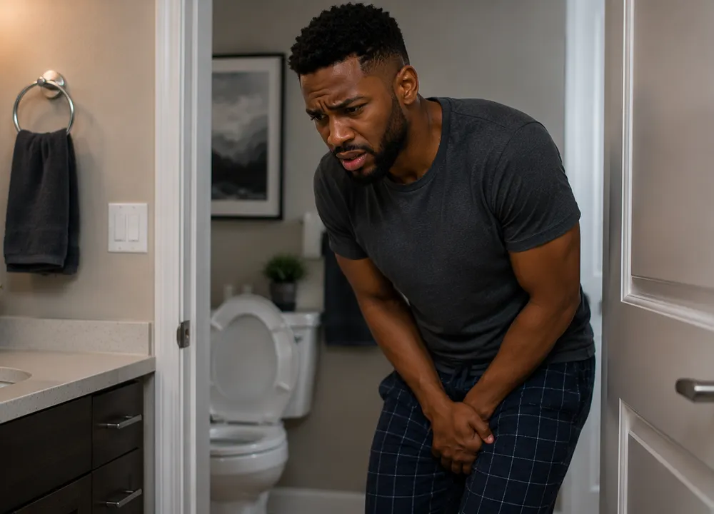 A person entering a bathroom during the day