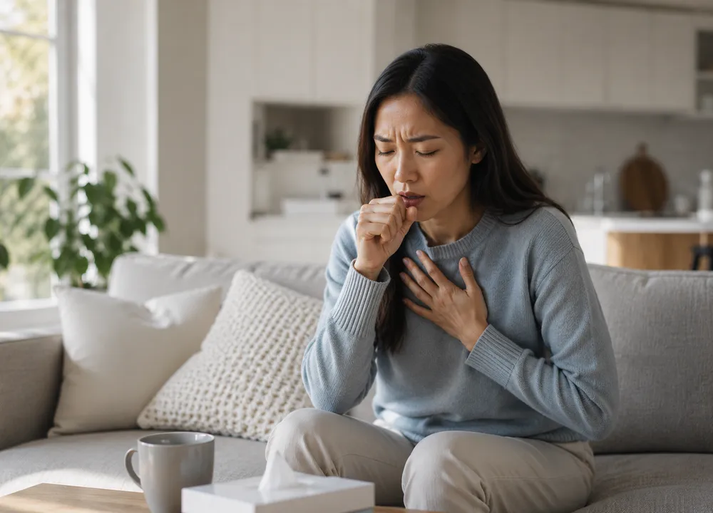 A person checking their breathing symptoms at home