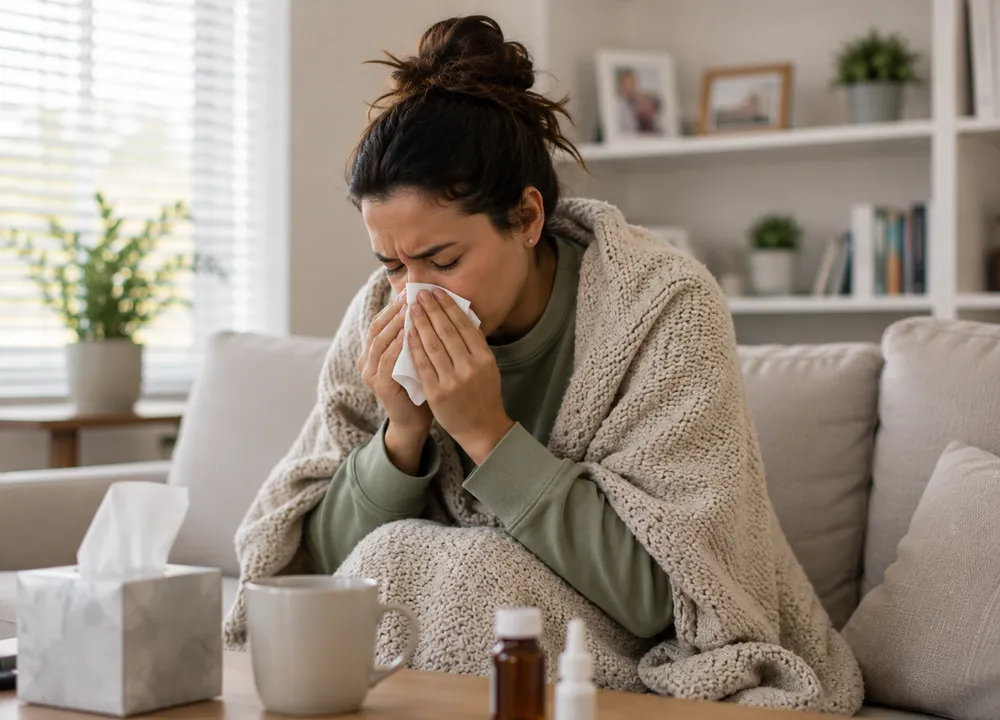 A person using a tissue for sinus congestion