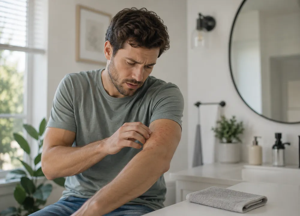 A person checking skin irritation on their arm
