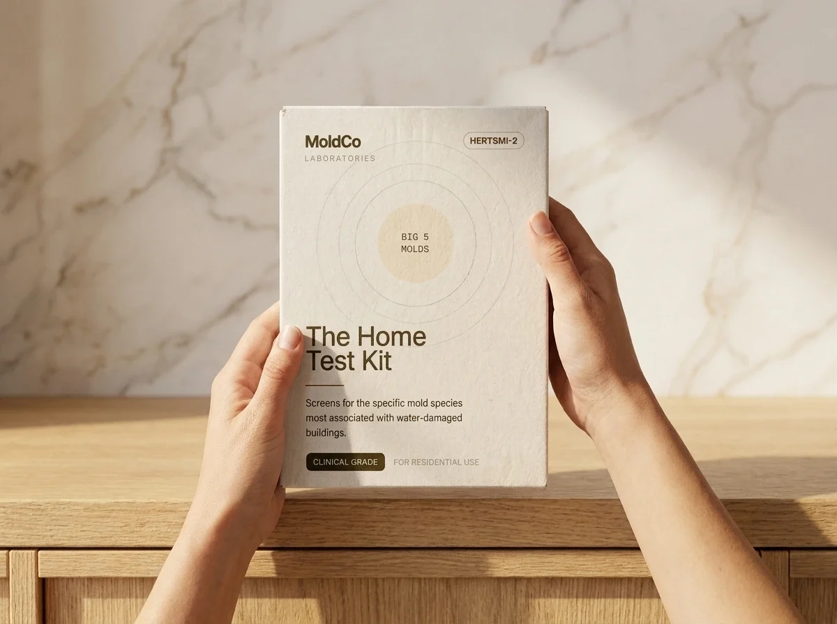 Lifting the MoldCo Home Test Kit out of its delivery box on a kitchen counter