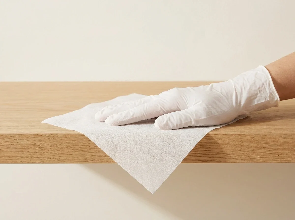 Gloved hand collecting dust from a shelf with the kit's sampling cloth