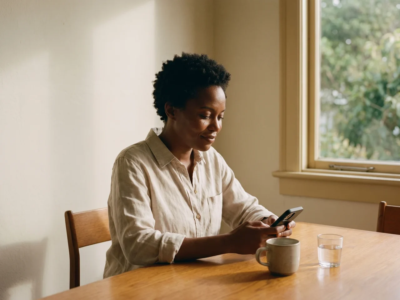 A woman sitting at a table by a window, reading her care plan on her phone