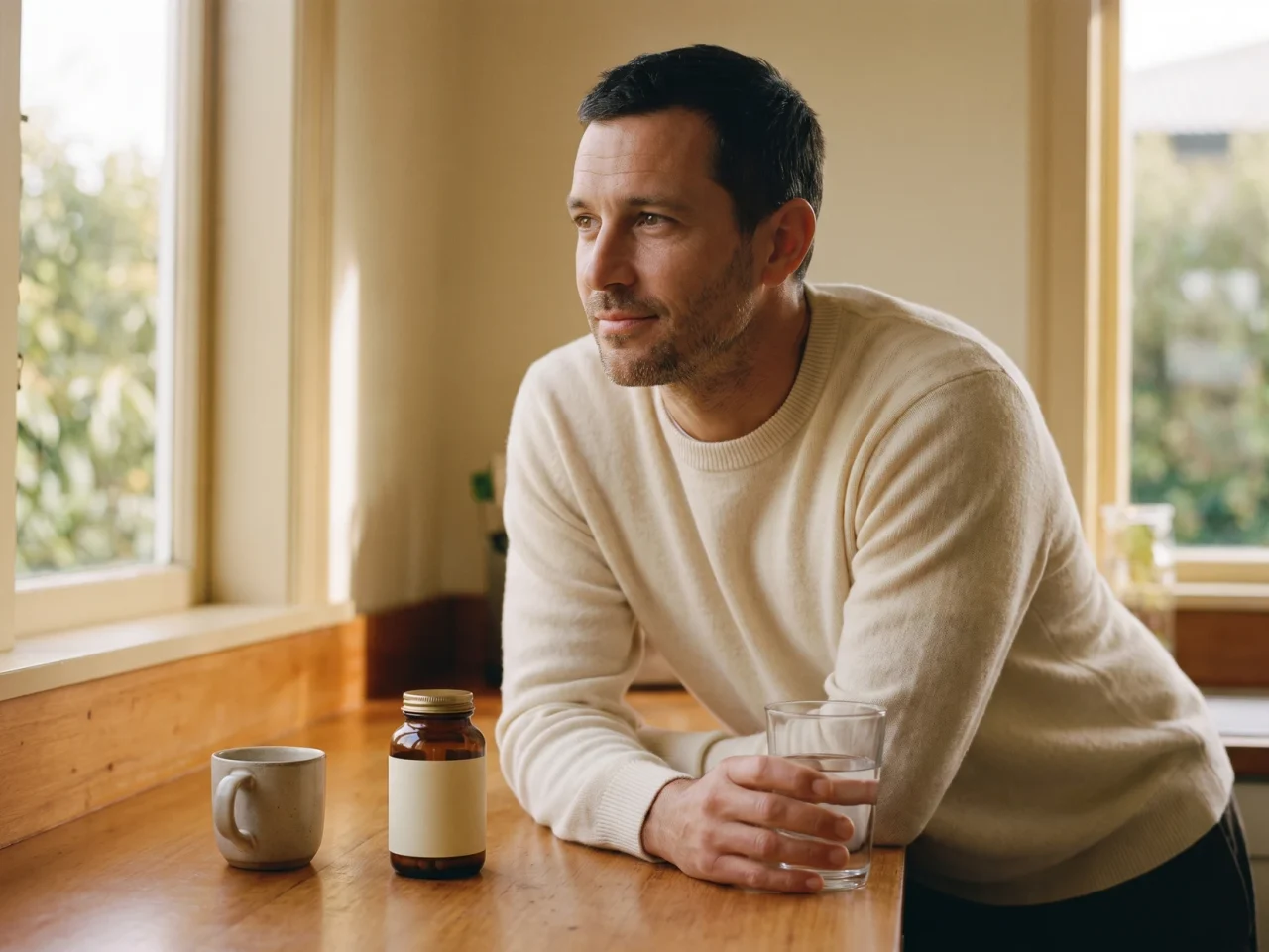 A man leaning on a sunlit kitchen counter with a glass of water beside his prescription bottle